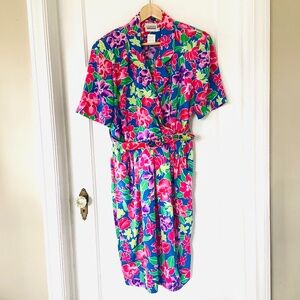 Leslie Fay Women Pencil Dress vintage 1980s vaporwave floral belted sz 12